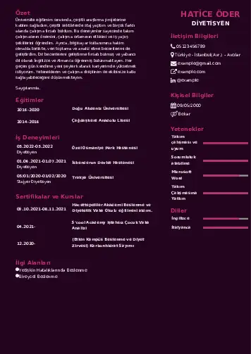 Beslenme Uzmanı Diyetisyen CV Örnekleri cv indir